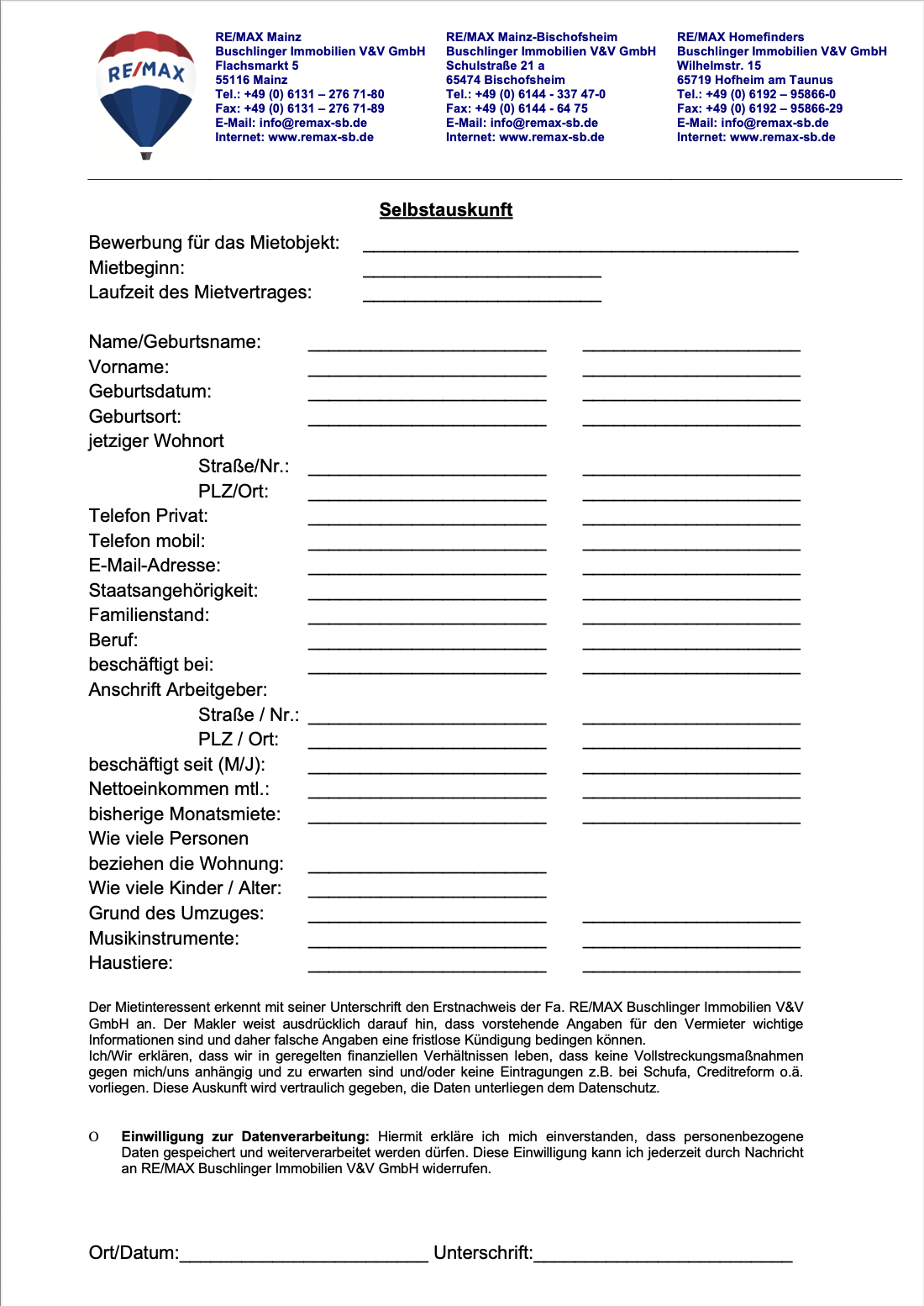 Foto Selbstauskunft zum Ausf�llen und/oder Drucken