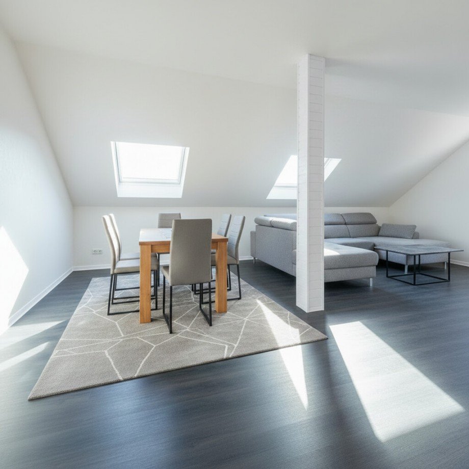 Dieses Beispielbild wurde mit KI erstellt: Beispiel Umbau Wohn/Esszimmer Dachgeschosswohnung Bischofsheim
