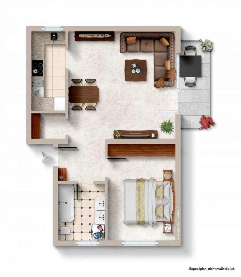 Grundriss Nackenheim Erdgeschosswohnung Gem�tliches Wohngl�ck: Helle 2-Zimmer-Wohnung mit EBK, Balkon & Stellplatz